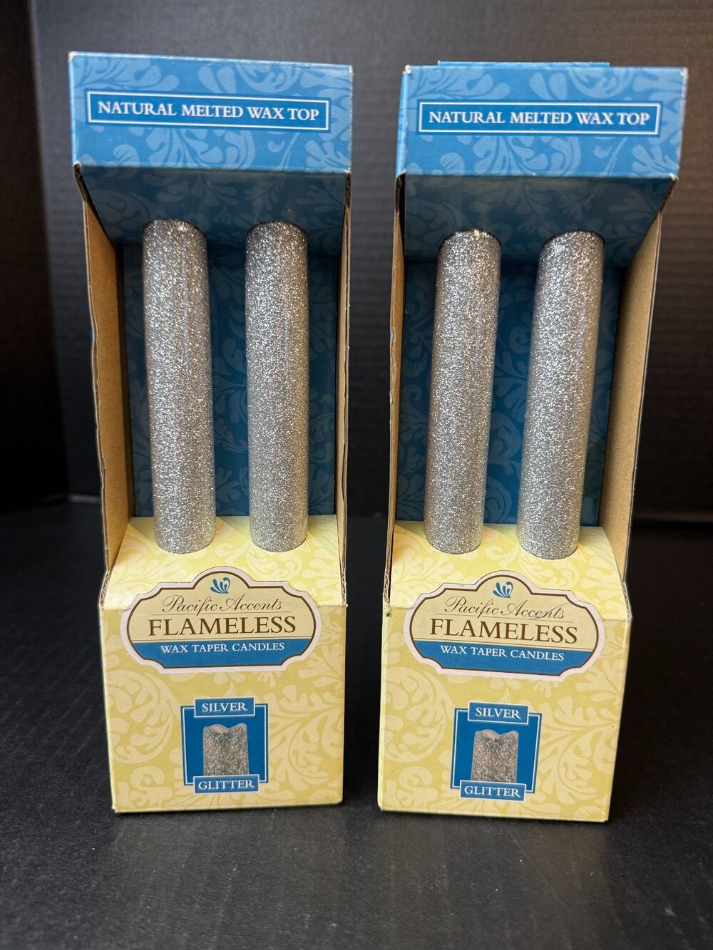 Pacific Accents Flameless Real Wax Taper Candles Silver Glitter 2 sets of 2 NEW
